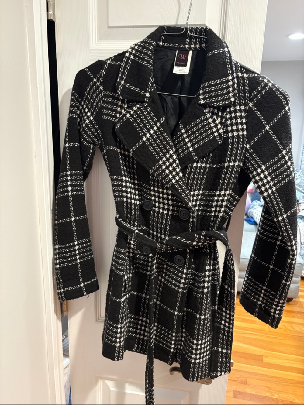 Wrapper Black & White Plaid Double-Breasted  Coat XS